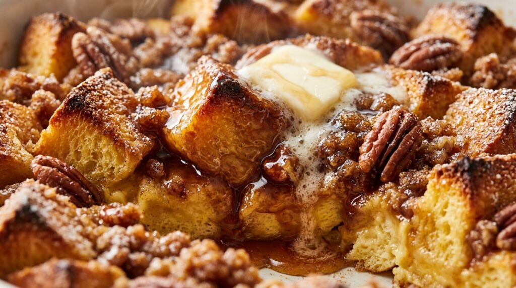 Ultra close-up macro of overnight maple pecan brioche french toast bake glistening with warm maple syrup, caramelized pecans, and melting butter