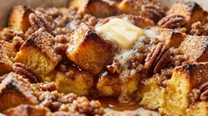 Ultra close-up macro of overnight maple pecan brioche french toast bake glistening with warm maple syrup, caramelized pecans, and melting butter