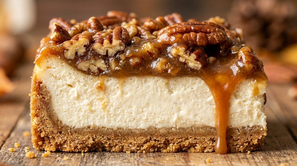 Decadent layered pecan pie cheesecake bars with crisp graham crust, vanilla cheesecake, and gooey brown sugar pecan praline topping