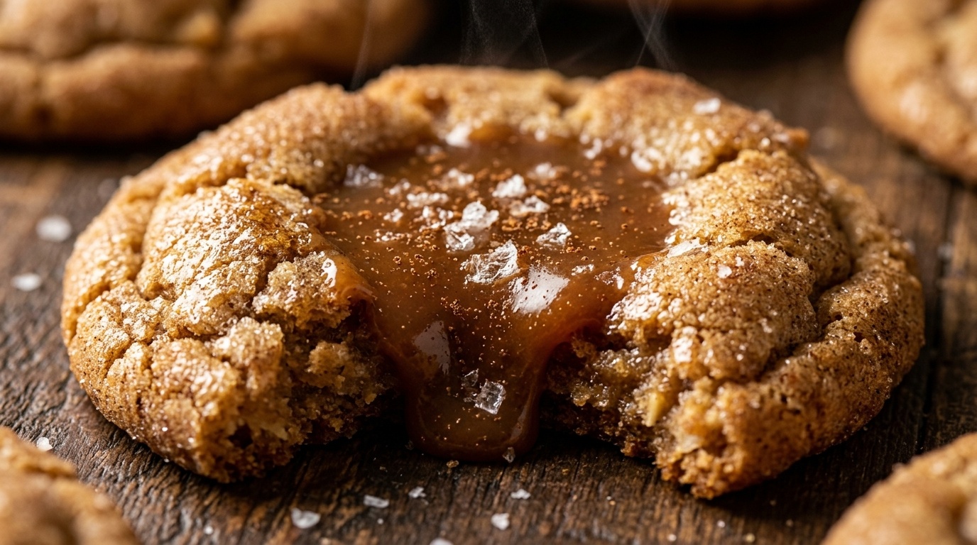 Ultra close-up macro of soft-baked salted caramel apple cider cookies with crinkled cinnamon sugar crust and molten caramel center
