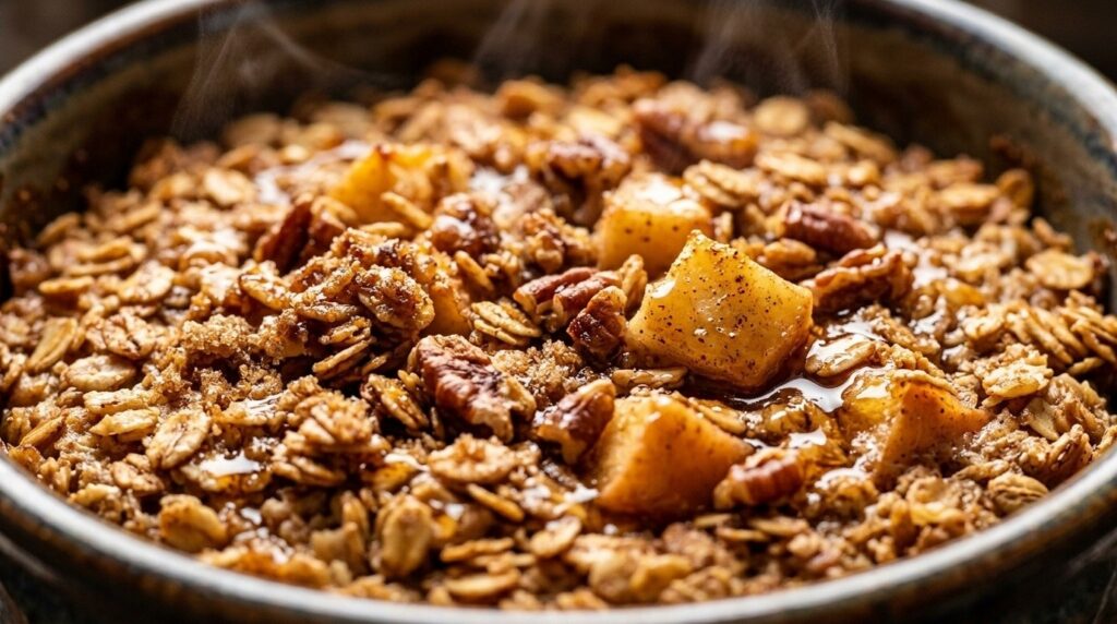 Ultra close-up macro of golden Cozy Spiced Apple Pecan Baked Oatmeal with maple syrup drizzle and toasted pecans