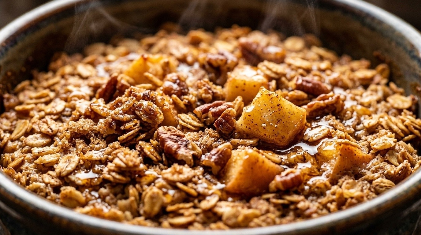 Ultra close-up macro of golden Cozy Spiced Apple Pecan Baked Oatmeal with maple syrup drizzle and toasted pecans