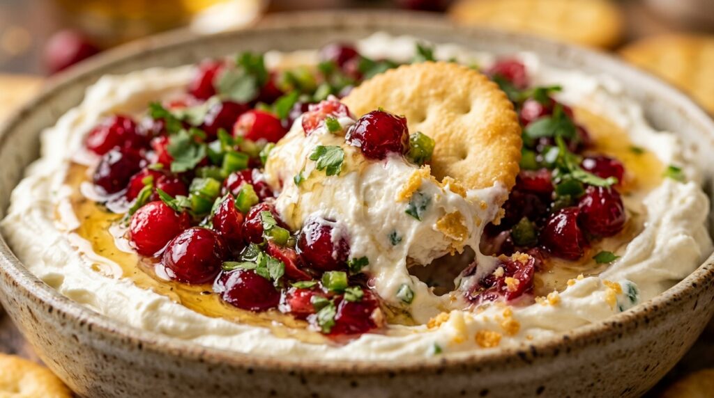 Ultra close-up macro of whipped cranberry jalapeno cream cheese dip with cracker
